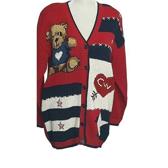 Vintage 80s Marsh Landing Womens Knit Sweater M Red Button Front Cardigan - Picture 2 of 12
